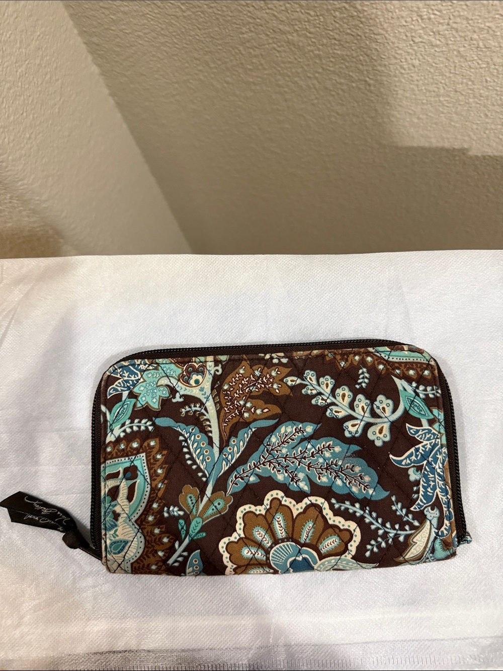 Quilted Floral Zip Around Wallet - Brown Turquoise "Java Blue" pattern - Picture 2 of 7